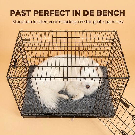 Witte hond in een grijs benchkussen in een zwarte bench.
