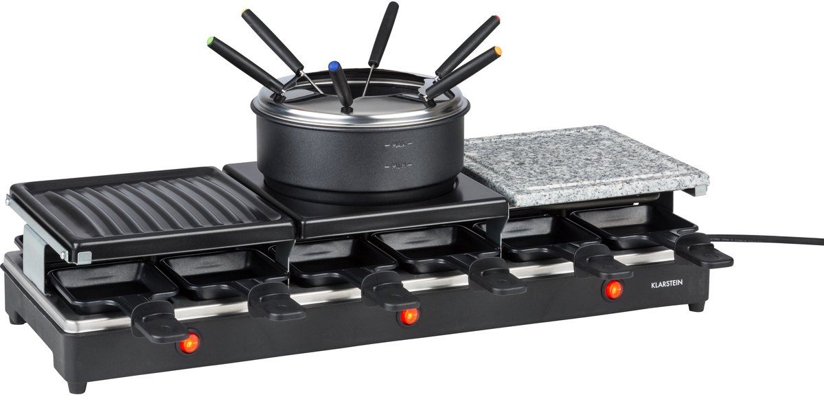 Klarstein Fonduelette XL 3 in 1 Raclette Grill & Fondue, 1650 Watt, 3 in 1 Grill: Metall /Naturstein /Crêpesplatte, 3 separate Edelstahl Heizelemente, bis 12 Personen, Antihaftbeschichtung, schwarz – geschikt voor thuisfitness en sportschoolgebruik,