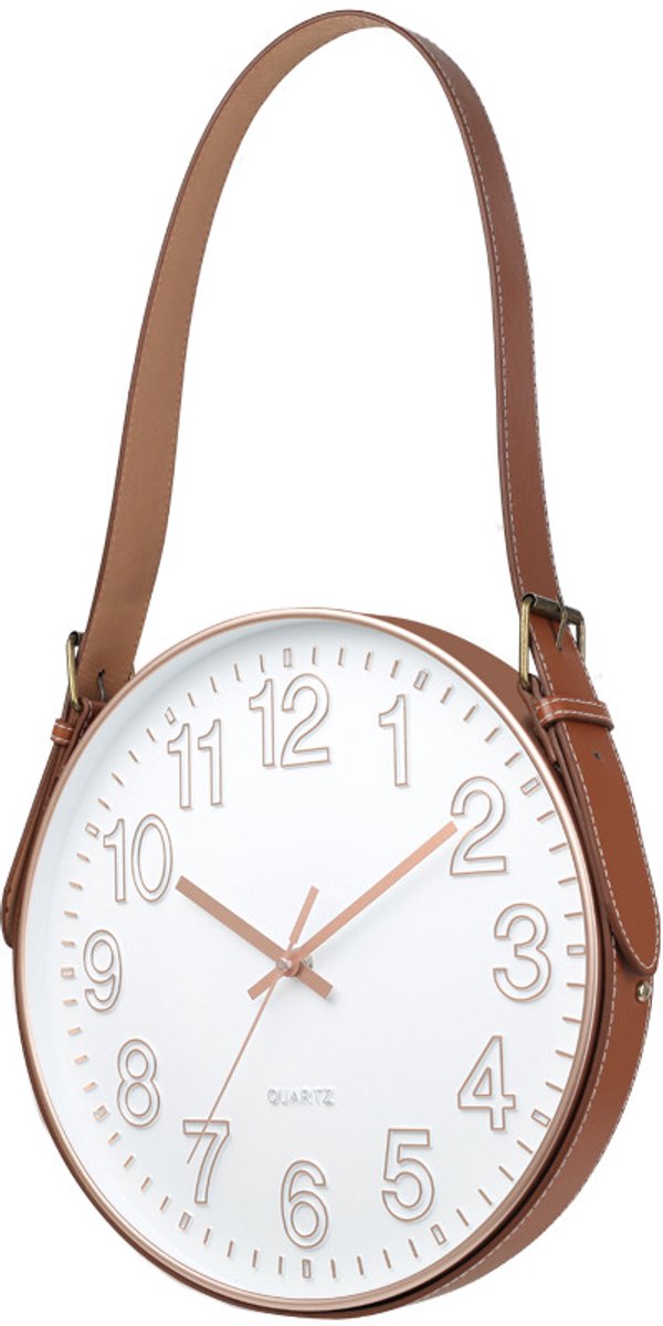 Wandklok 12 inch (30 cm) met leren hangriem - Stil quartz uurwerk, helder glas -6003-8 Wit met roségoud