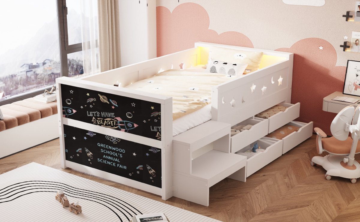 OKWISH Kinderbed 90 x 200 cm Zonder Matras Kinderbed Met LED Verlichting Opberglades Trap Veiligheidshekje En Tafelblad Wit
