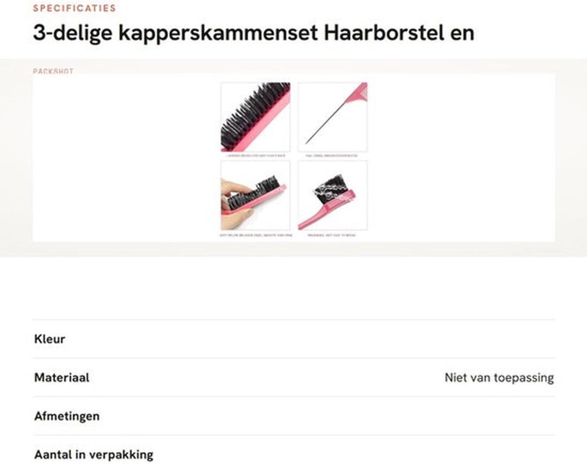 Kapperskammenset 3-delig - Kam met brede tanden - Dubbelzijdige Borstel - Haarborstel - Staartkam - Haarclips 8 cm - Haarkammen