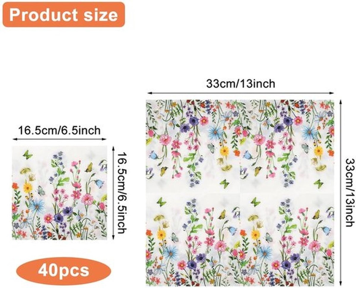 Servetten 40 stuks - Papieren Servetten - Bloemen - 33 x 33 cm - Zomerfeest - Geschikt voor Bruiloften en Verjaardagen - Feestservetten