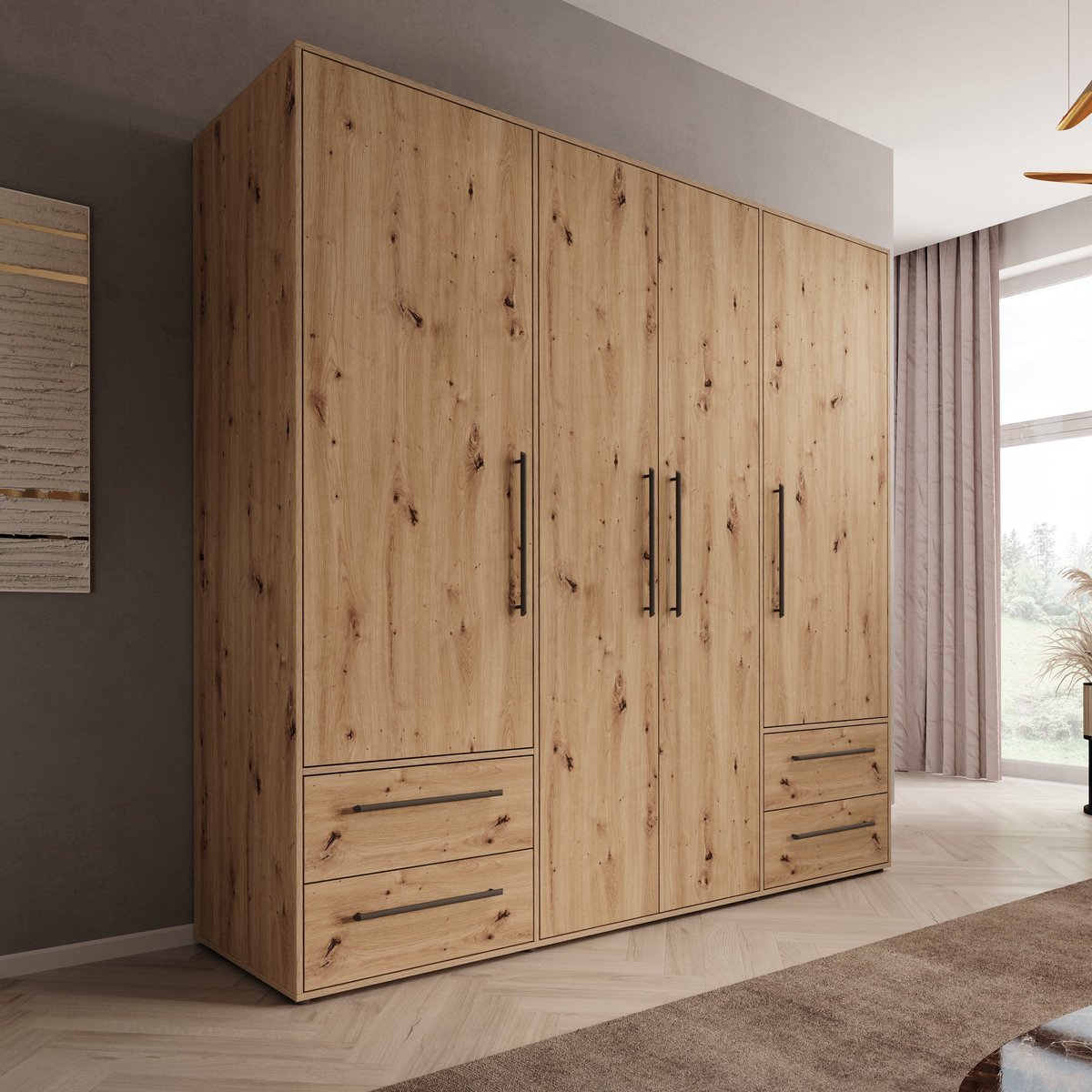 Meubella - Mayen - Kledingkast 4 deuren - Eikenpatroon - 206x59x200 cm