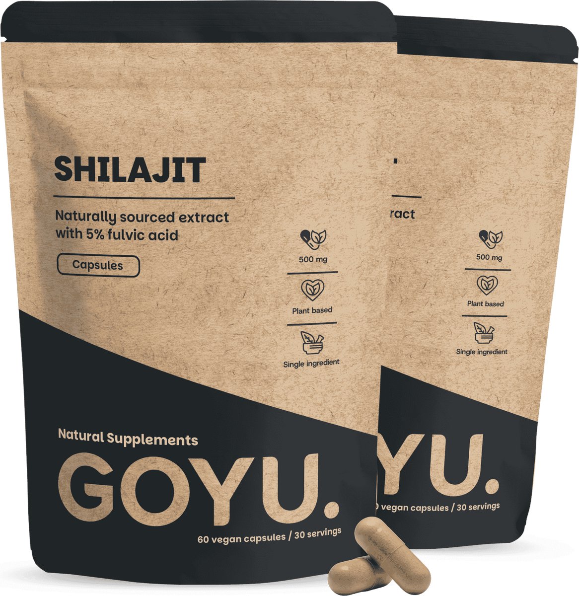 GOYU Shilajit Extract (5% Fulvinezuur) 2000 mg per dagdosering Combideal 2x 60 Capsules - Himalaya Mumijo – Shilajit gummies - shilajit 100% pure - Vegan - Zonder toevoegingen - Lab getest - 30 dagen voorraad per zakje