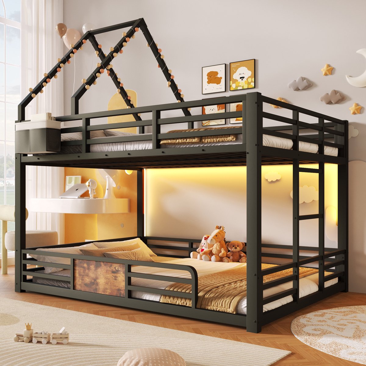 OKWISH Stapelbed 140x200 cm Zonder matras - Met LED Verlichting, Huisbed Ontwerp En Dakframe - Met Opbergtas En Veiligheidshekje - Zwart