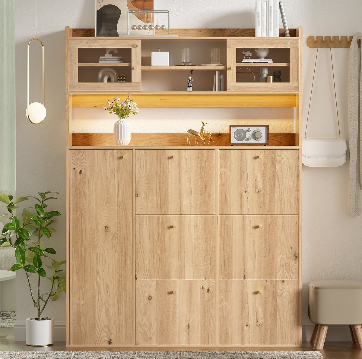 OKWISH Schoenenkast - Glasfront En Ledverlichting - Ruimtebesparend Voor Hal En Gang - Naturel - 130 X 25 X 180 Cm