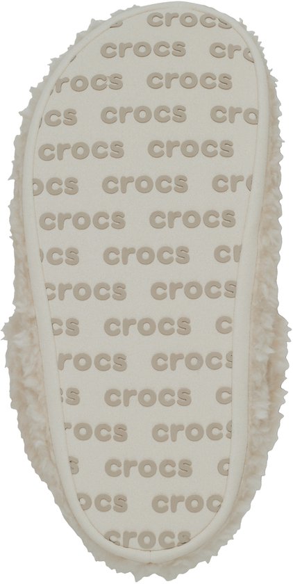 Semelle de pantoufle Crocs Cosy blanc avec texte 'crocs' répété.