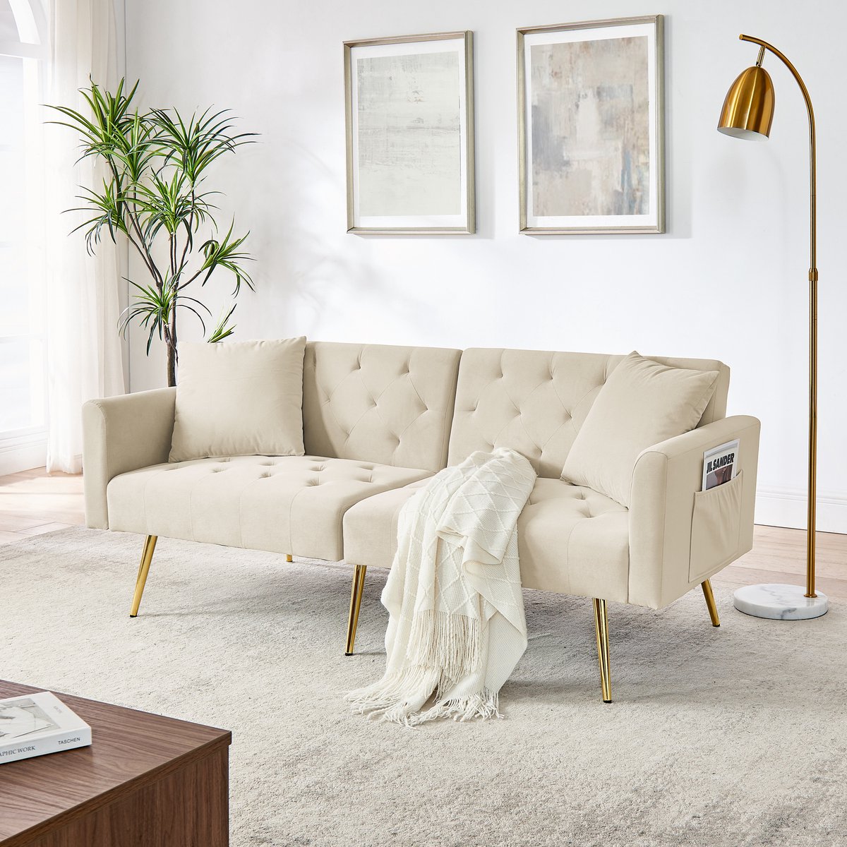 REDOM - Slaapbank - 3-traps verstelbare rugleuning - met 2 kussens en metalen poten - gecapitonneerd - woonkamer of klein appartement - velvet - Beige - 177 x 74 cm