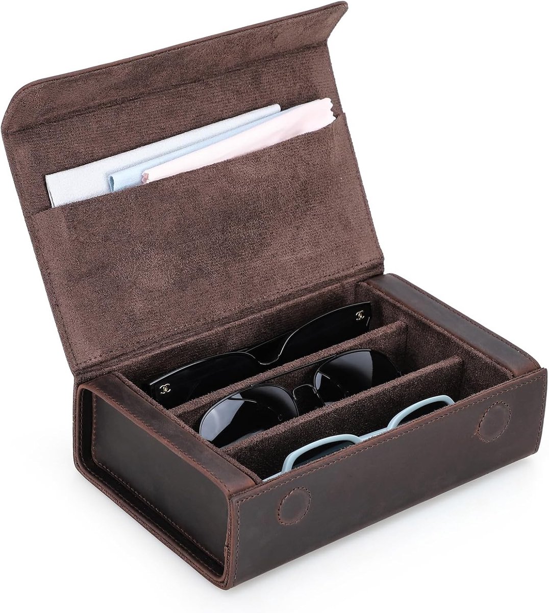 Lederen brillendoos voor mannen en vrouwen, opbergdoos voor 2/4 zonnebrillen en leesbrillen met microvezel voering en reinigingsdoekje, ideaal voor reizen en organisatie