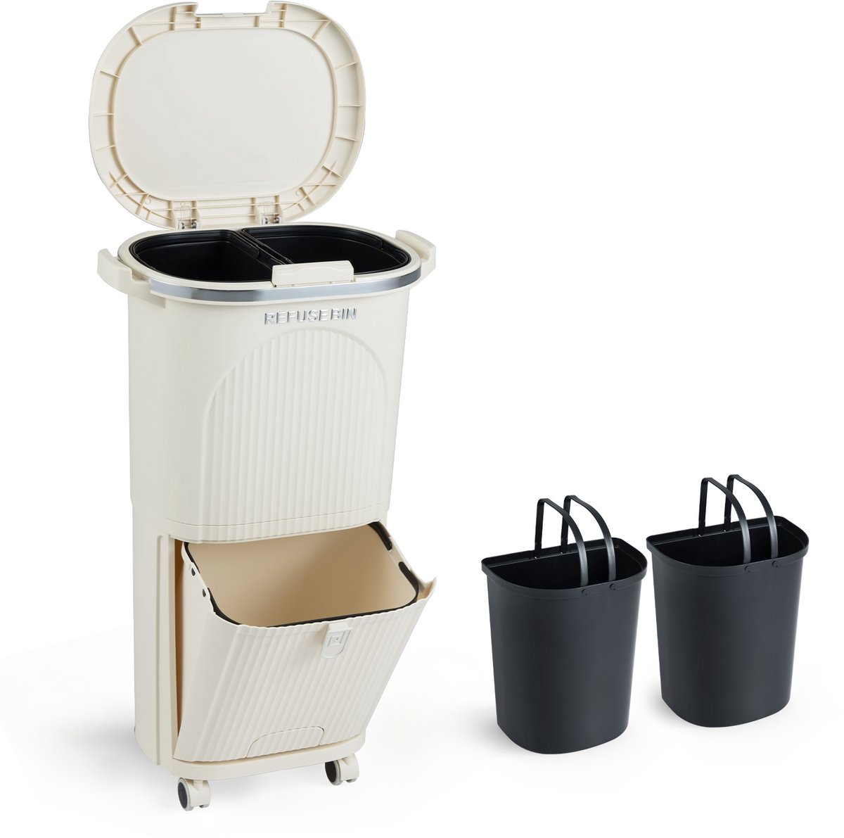 COSTWAY Vuilnisemmer keuken, afvalscheidingssysteem, 3 vakken, 2 x 12 l binnenemmer en 14 l pedaalemmer met wielen, deksel, pedaal en haken, pedaalemmer afvalverzamelaar voor keuken (38L-1 deksel