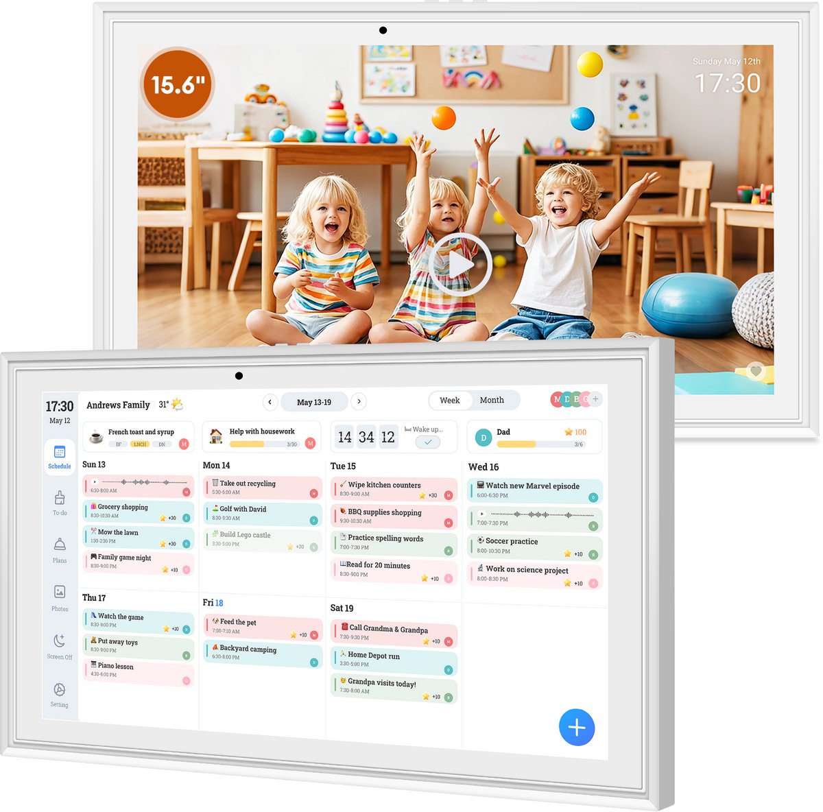 Slimme Digitale Kalender 15.6 Inch Touchscreen - Familie Planner & Fotolijst - WiFi - Sync met Google, iCloud & Outlook - Wit - Digitale Wandkalender