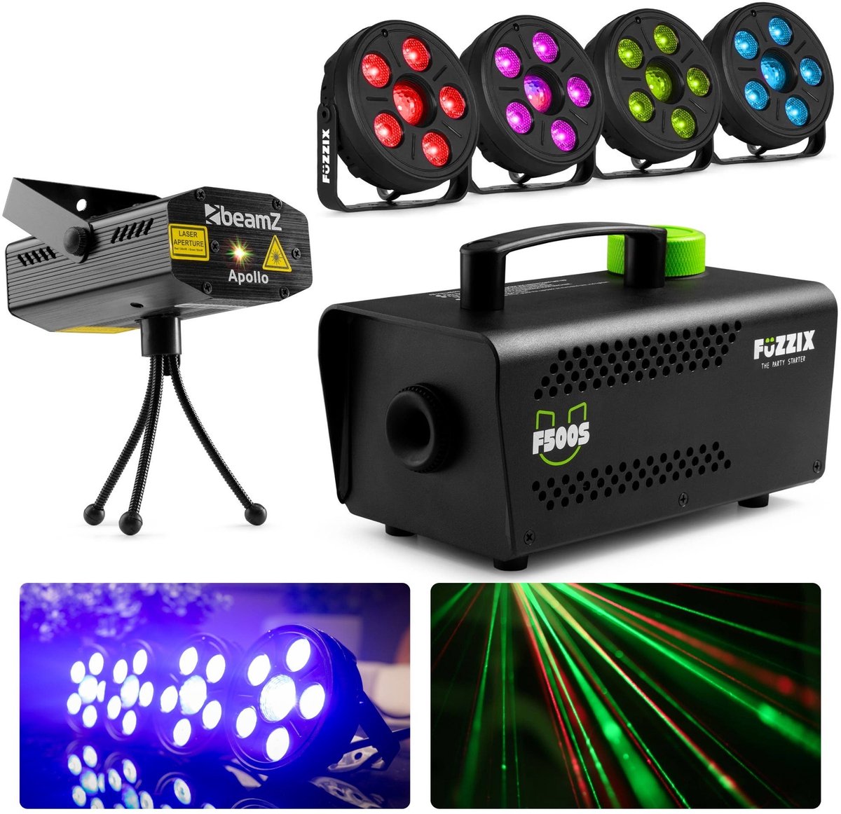 BeamZ huisfeest partyset - 4 Lampen, laser en rookmachine - Ideaal voor kinderfeestjes - Pakket M