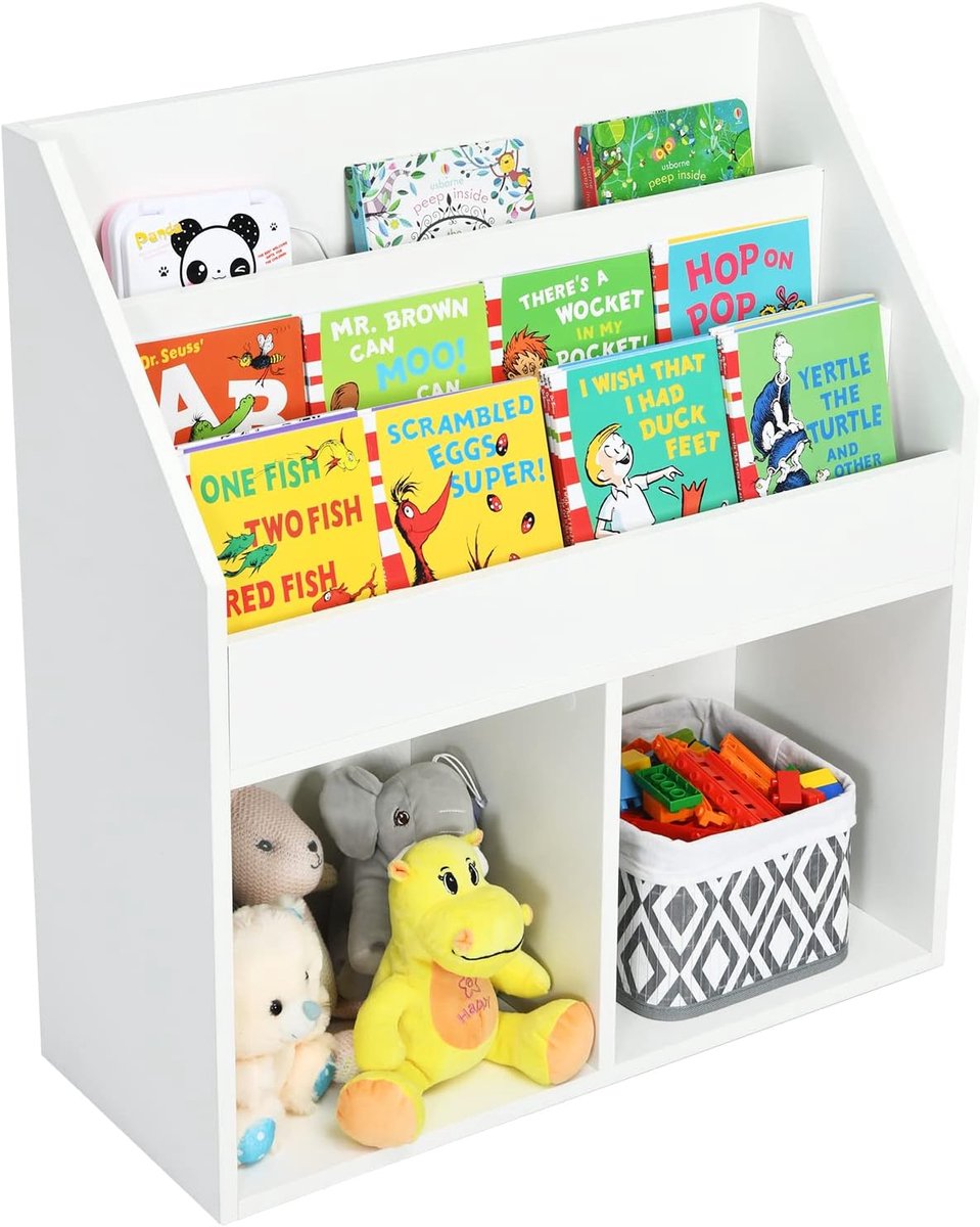 KOMFOTTEU Boekenkast voor kinderen - speelgoedrek van hout met 3 planken en 2 brede onderste vakken - kindermeubel voor kleuterschool - speelkamer en woonkamer - wit