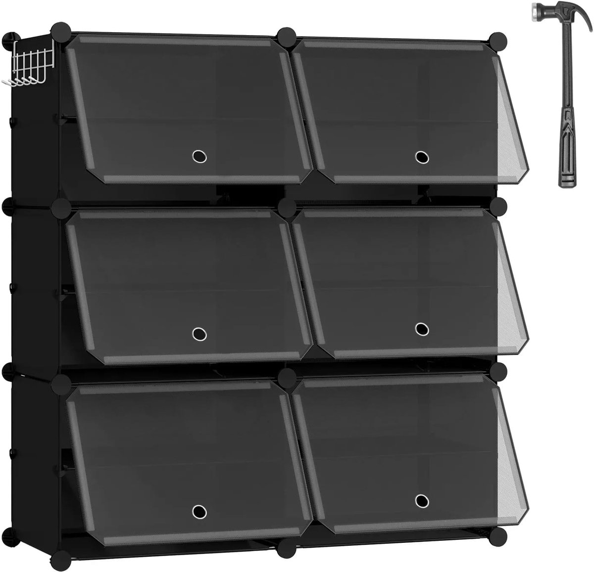 Klarven® Schoenenkast Zwart 30x80x90cm - Modulair, Stapelbaar en Uitbreidbaar - Metalen Frame, 5 Haken, tot 32 Paar Schoenen - B 30 x D 80 x H 90 cm