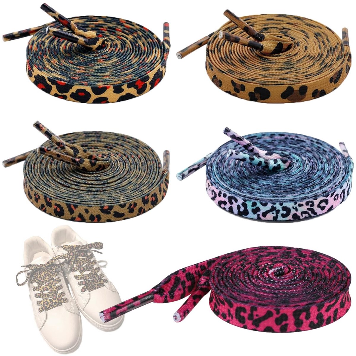 Dailygoods - 5 stuks schoenveters, platte en dunne veters met luipaardprint, veters, scheurvast, voor sneakers, ideale reserveschoenen, sneakers voor volwassenen of kinderen