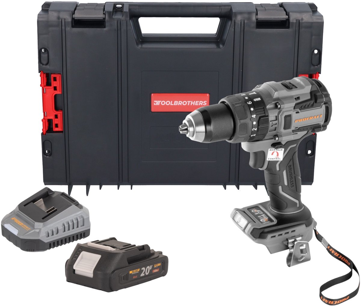 Procraft Industrial CD20B-BB accuboormachine 20 V 150 Nm borstelloos + 1x accu 2,0 Ah + oplader + RHINO-gereedschapskoffer