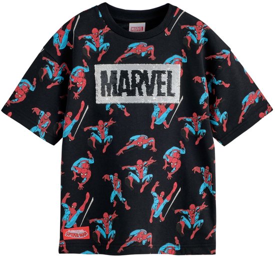 Zwart T-shirt met een all-over print van Spiderman en een 'MARVEL'-logo met pailletten.