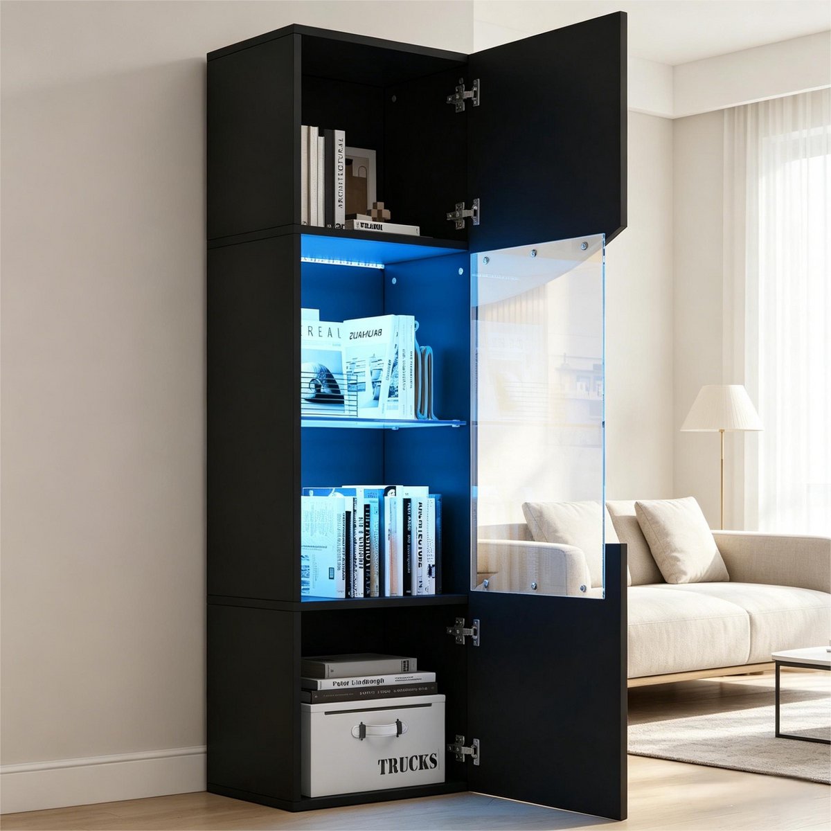35x50x165 cm woonkamer vitrinekast - hoge kast - veel opbergruimte met LED-verlichting - concave boog golfdeur - zwart