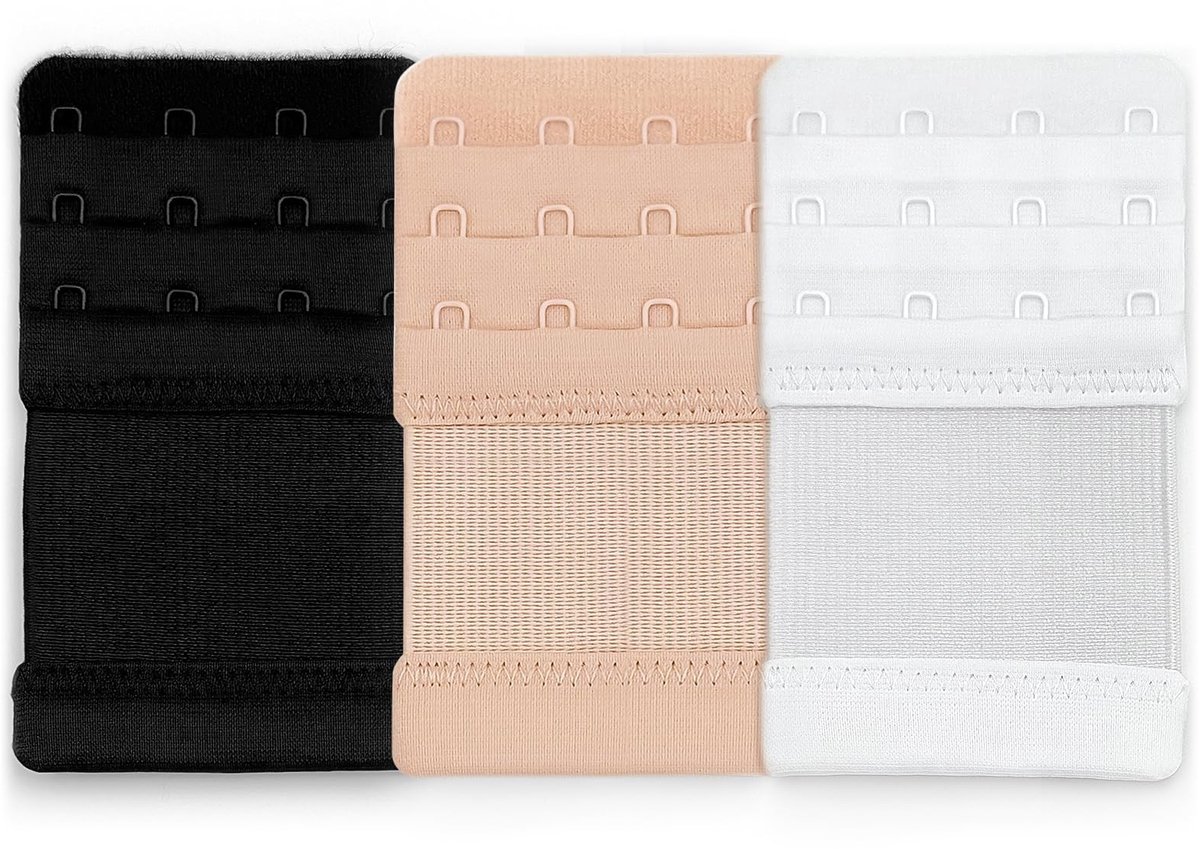 Dailygoods- BH-verlenger 4 haakjes - 3 stuks - Rekbare Verlenging - Zwart/Huidskleur/Wit - Afmetingen 10,6 cm x 7,6 cm - Comfortabele Bandverlenging - Beha-extender