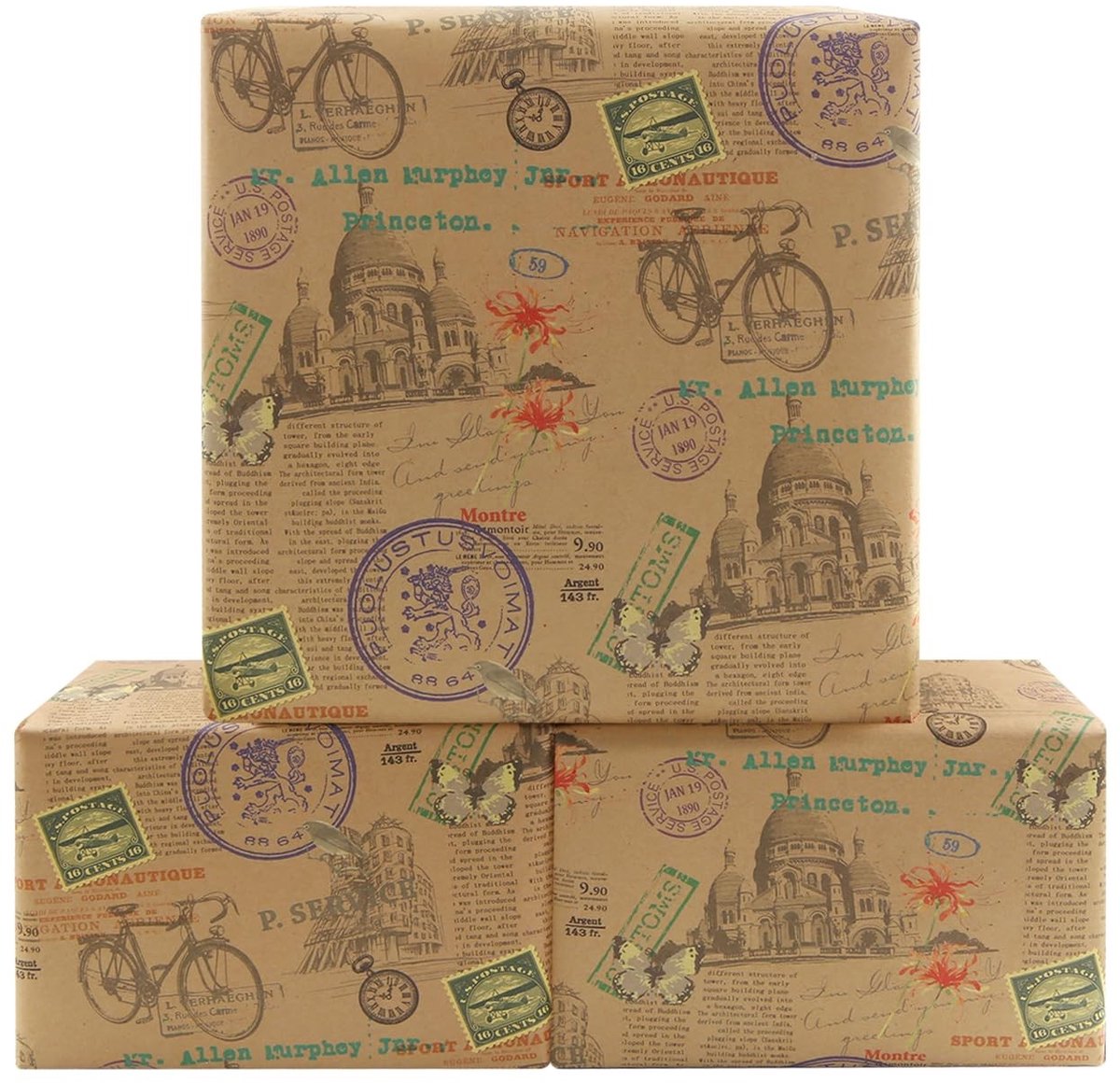 Dailygoods- Inpakpapier Vintage Fiets/Architectuur - 4 Vellen - 50 x 70 cm - Retro Cadeaupapier - Tijdloze Verpakking - Klassiek Ontwerp