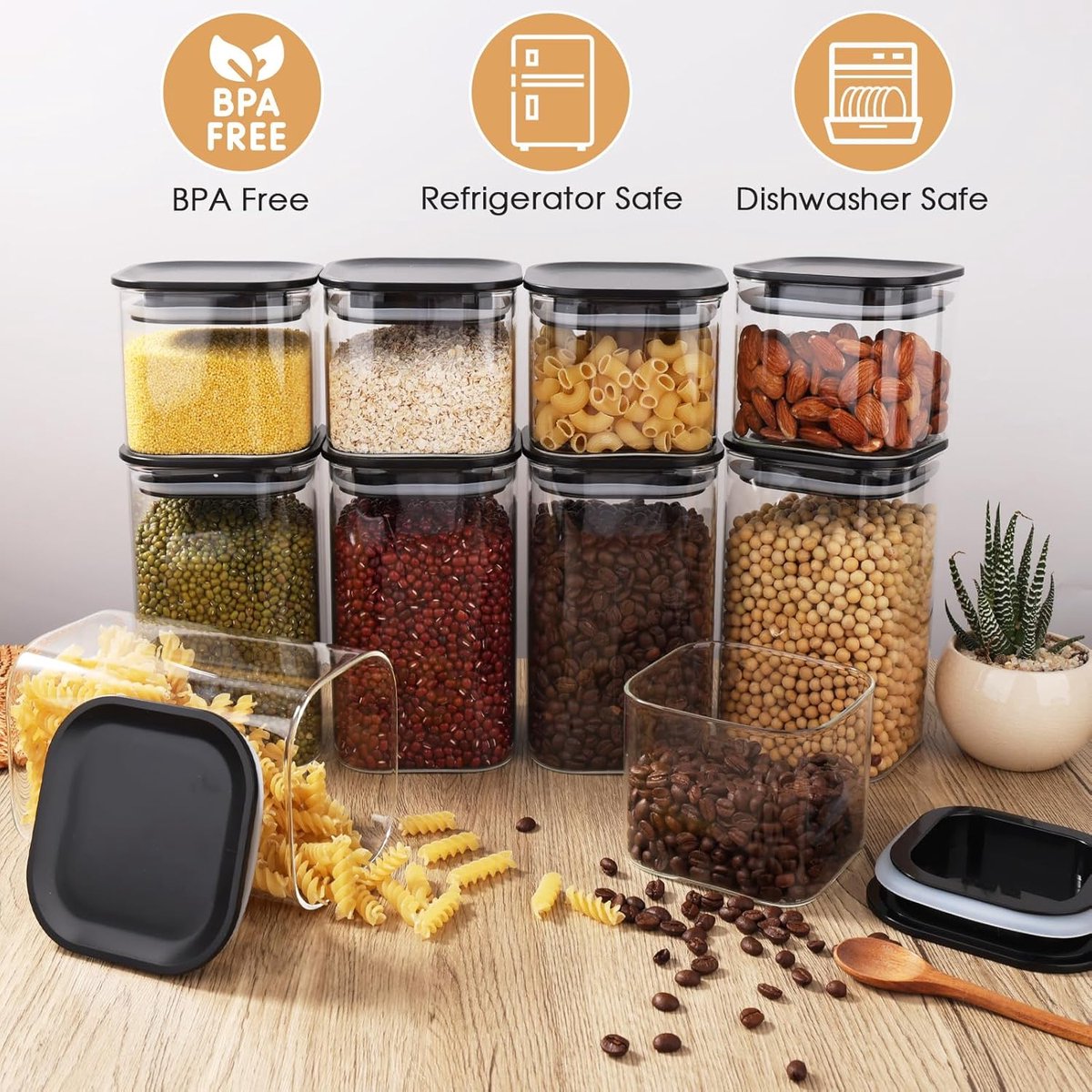Set van 4 voorraadpotten met deksel, 1,2 l voorraaddozen, glas, vierkant, luchtdicht voorraadglas met zwart deksel, glazen container, opbergpotten voor keuken, pasta, pasta, meel, bonen — cadeau in Wonen & Interieur - foto 2