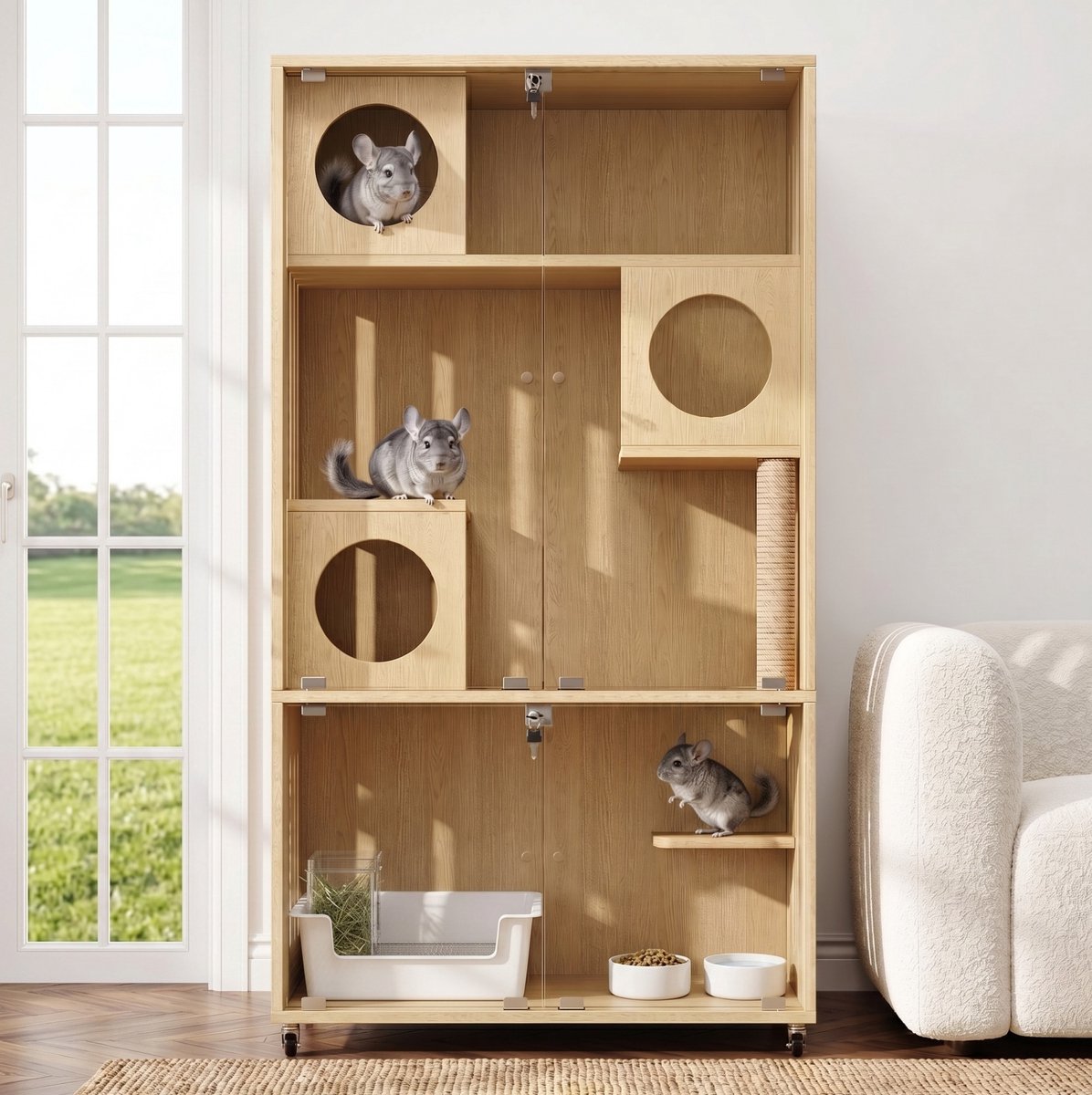 HAUSS SPOLE Kooi - Verrijdbare Meerlaagse Chinchillakooi Met Sleutelslot En Glazen Deur - Voor Binnen - MDF En Glas - 90x50x166 Cm - Naturel