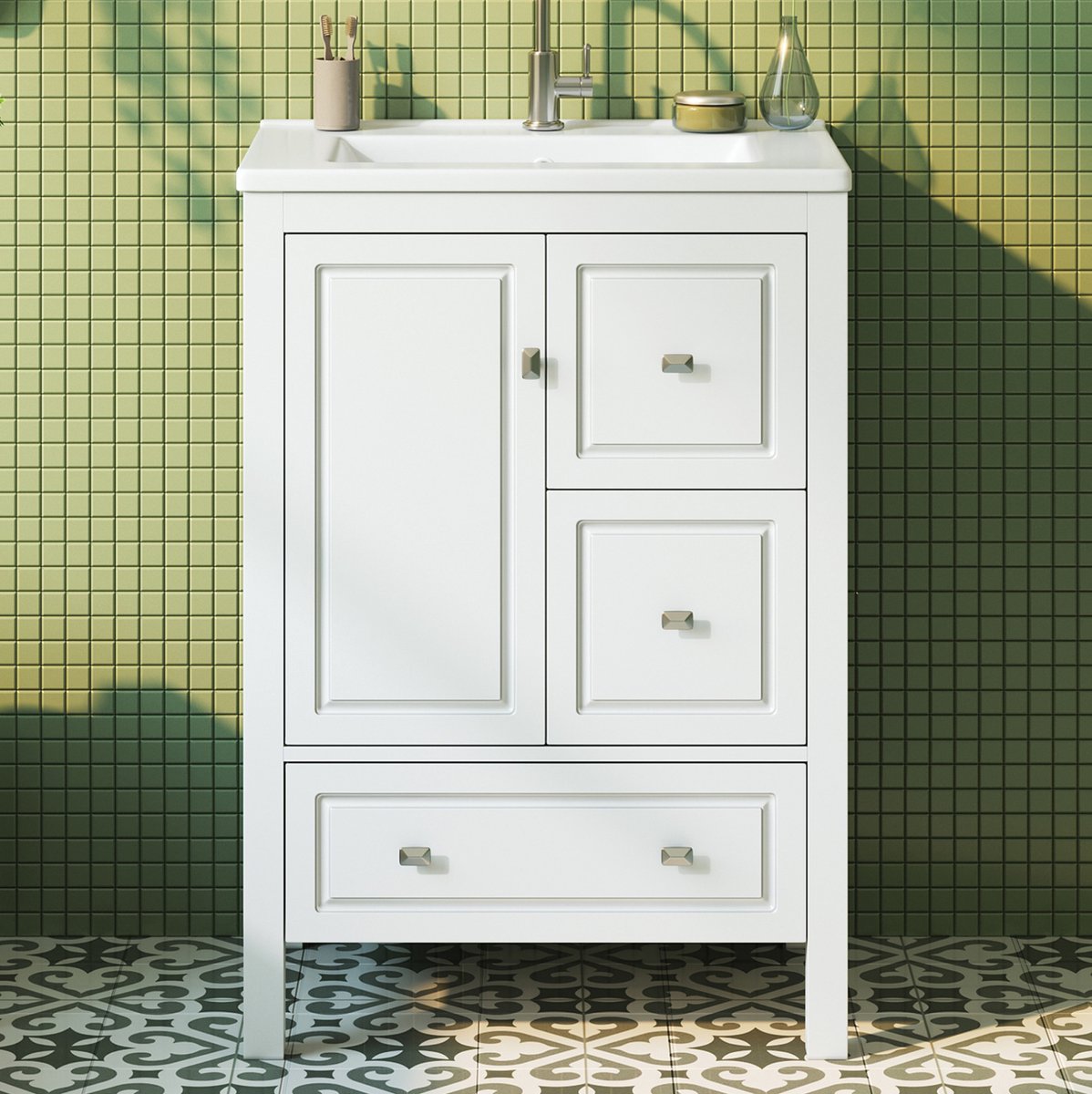 HAUSS SPOLE Badkamermeubel - Vrijstaande Wastafelonderkast Met Keramische Wastafel En 3 Lades - Voor Moderne Badkamer - Wit MDF - 62x47x90 Cm