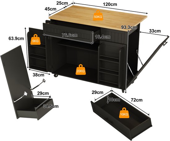 OKWISH Keukeneiland Op Wielen - Met Opklapbaar Werkblad - 130 x 45 70 x 93 cm - 1 Lade 2 Deuren - Verborgen Afvalvak - MDF Zwart van okwish — afbeelding 5