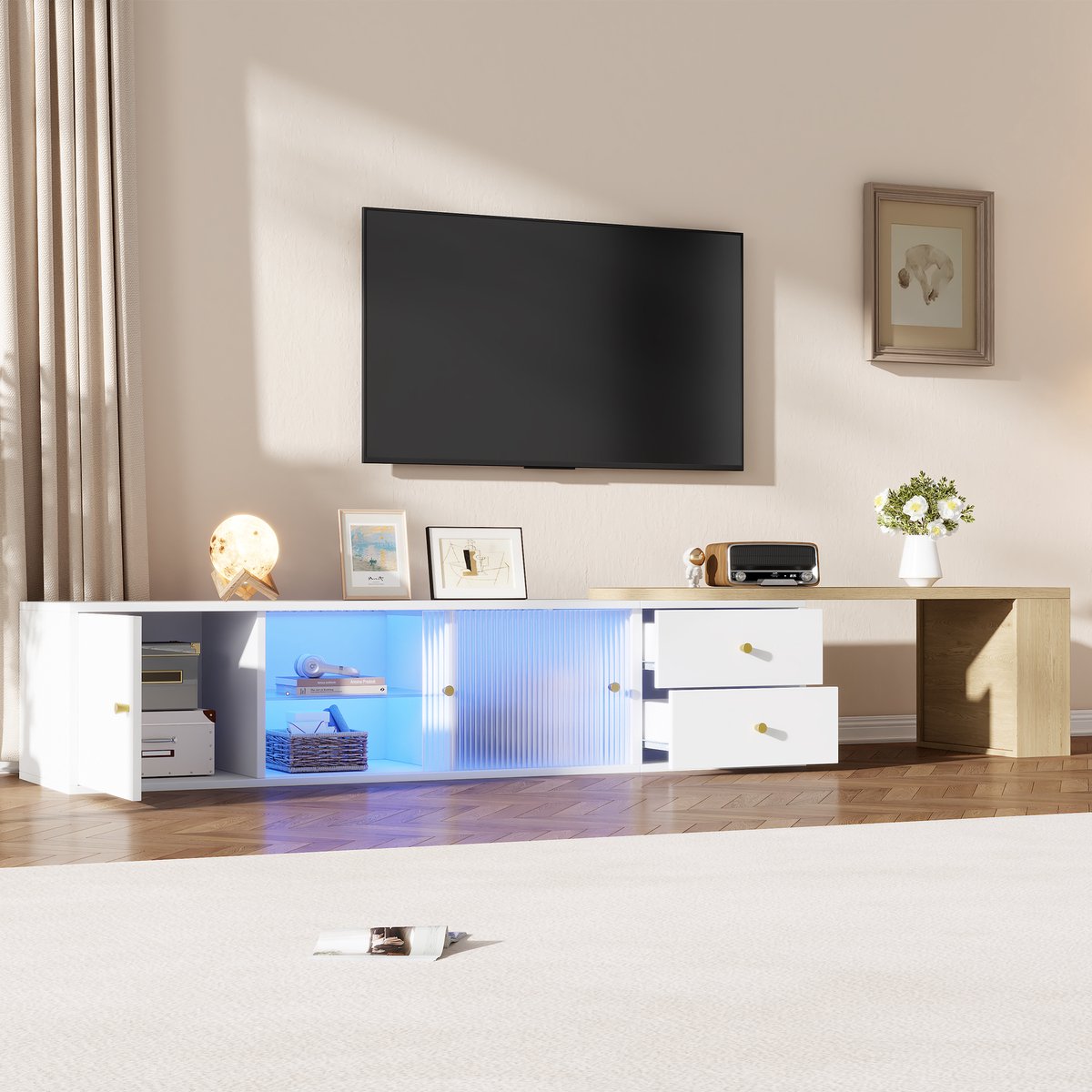 HAUSS SPOLE Dressoir - Uitschuifbaar Tv Meubel Met Led En 2 Lades - Voor Woonkamer Met Opbergruimte En Schuifdeuren - Spaanplaat - 175x40x35,5 Cm - Wit Naturel
