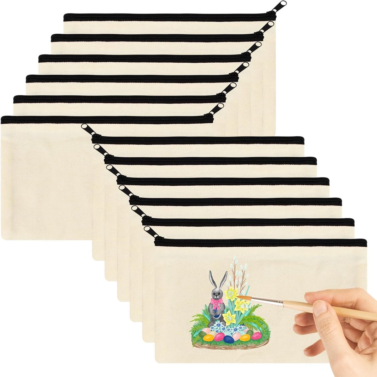 canvas tassen met ritssluiting om te beschilderen, 21 x 12 cm, stoffen etui, zeildoek, cosmeticatas, mapjes, reis-toilettas, cadeau voor werk, school, reizen, 12 stuks, beige, 21x12cm,