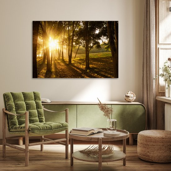Le soleil d'automne se lève sur une forêt sombre Poster 120x80 cm - Tirage photo sur Poster (décoration murale salon / chambre)
