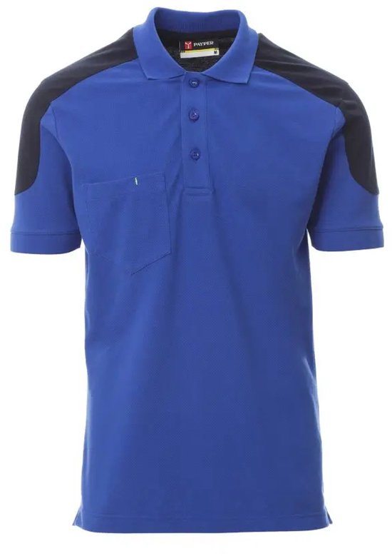 Koningsblauw Payper poloshirt met marineblauwe schouderstukken, borstzak en drie knopen.