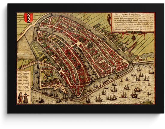 Poster in lijst - Fotolijst 30x20 cm - Posters - Kaart - Amsterdam - Vintage - Posterlijst zwart - Decoratie - Wanddecoratie woonkamer - Muurdecoratie slaapkamer