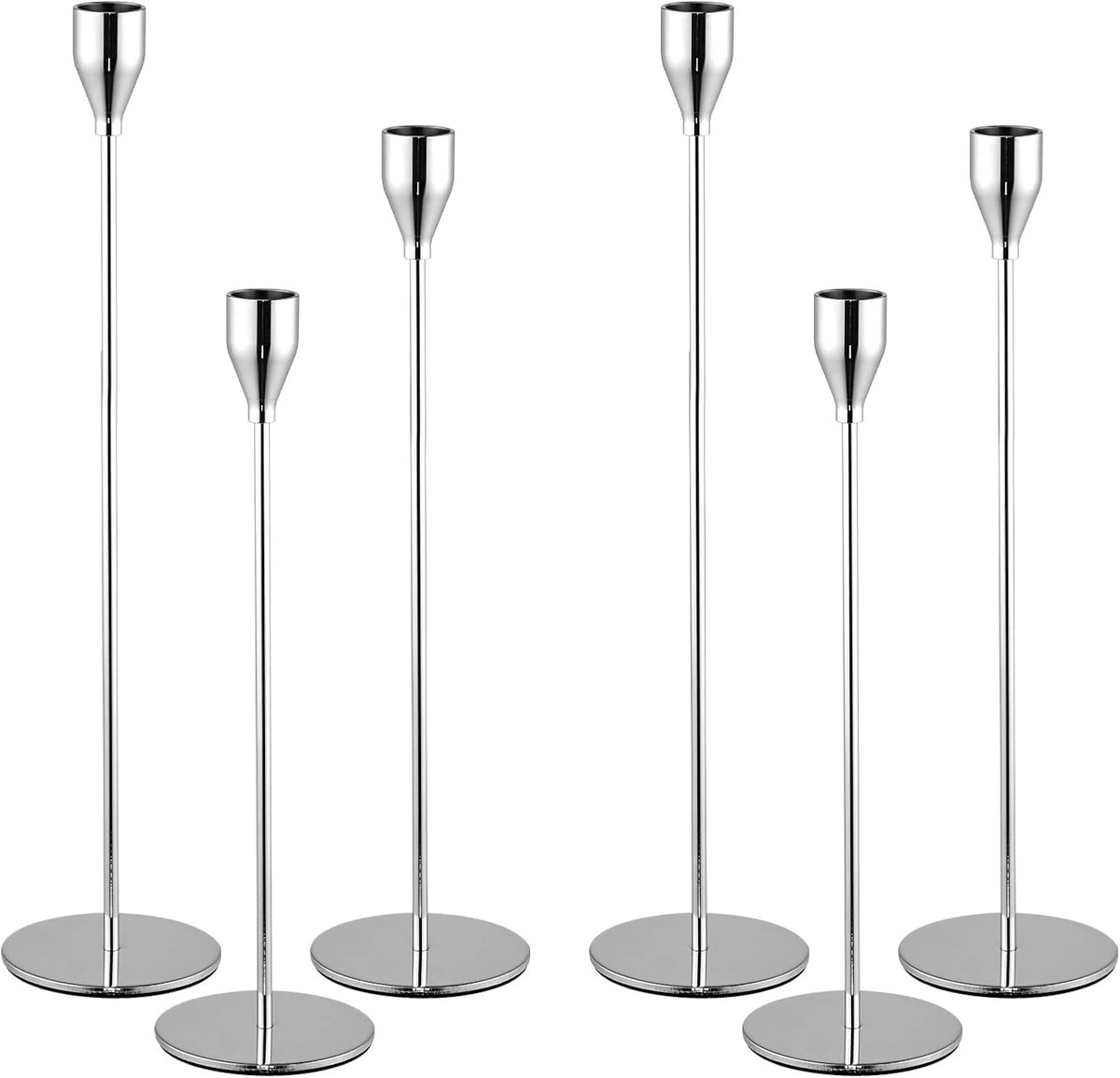 6Pcs zilveren kandelaarhouders, kandelaars Metalen hoge kandelaar voor taps toelopende kaarsen Kaarshouder past 3/4 inch dikke kaarsen voor bruiloft, woonkamer, eetkamer (zilver)