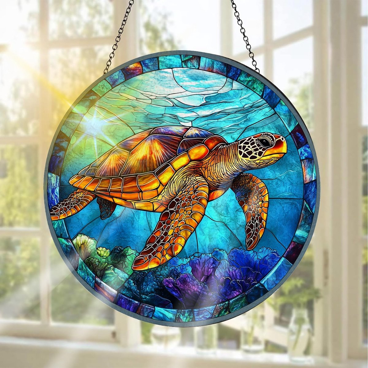 Dailygoods - Schildpad Glas-in-Lood Raamdecoratie - Handgemaakt voor Binnen en Buiten