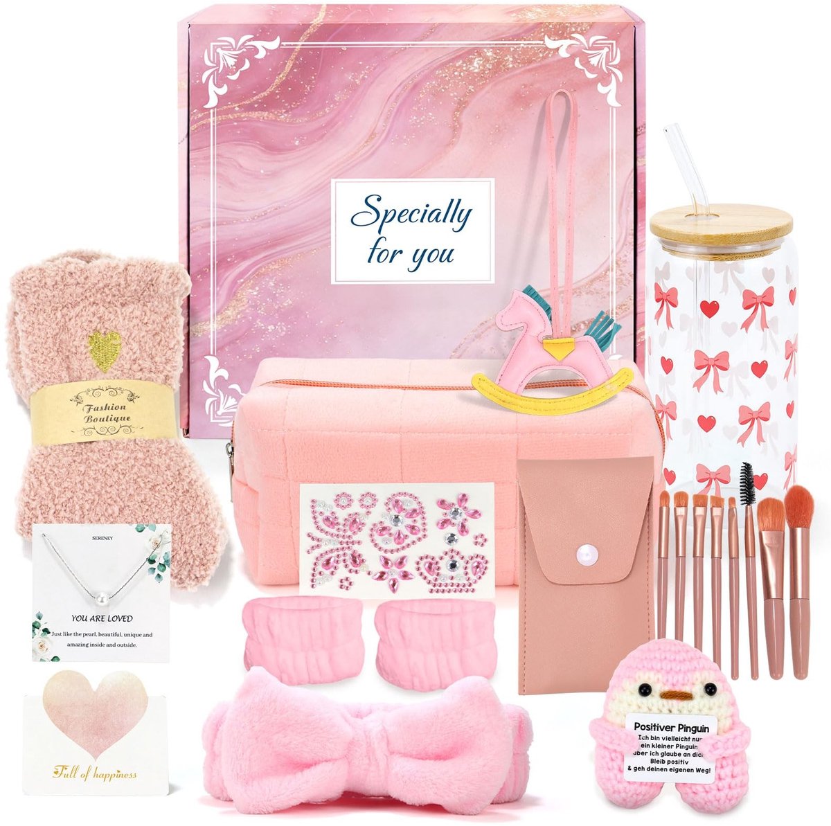 Dailygoods- Cadeau voor Meisjes - Glazen Mok met Deksel - Make-upkwasten/Etui - Sokken/Armband - Hoofdband - Glinsterende Stickers - Verjaardagscadeau