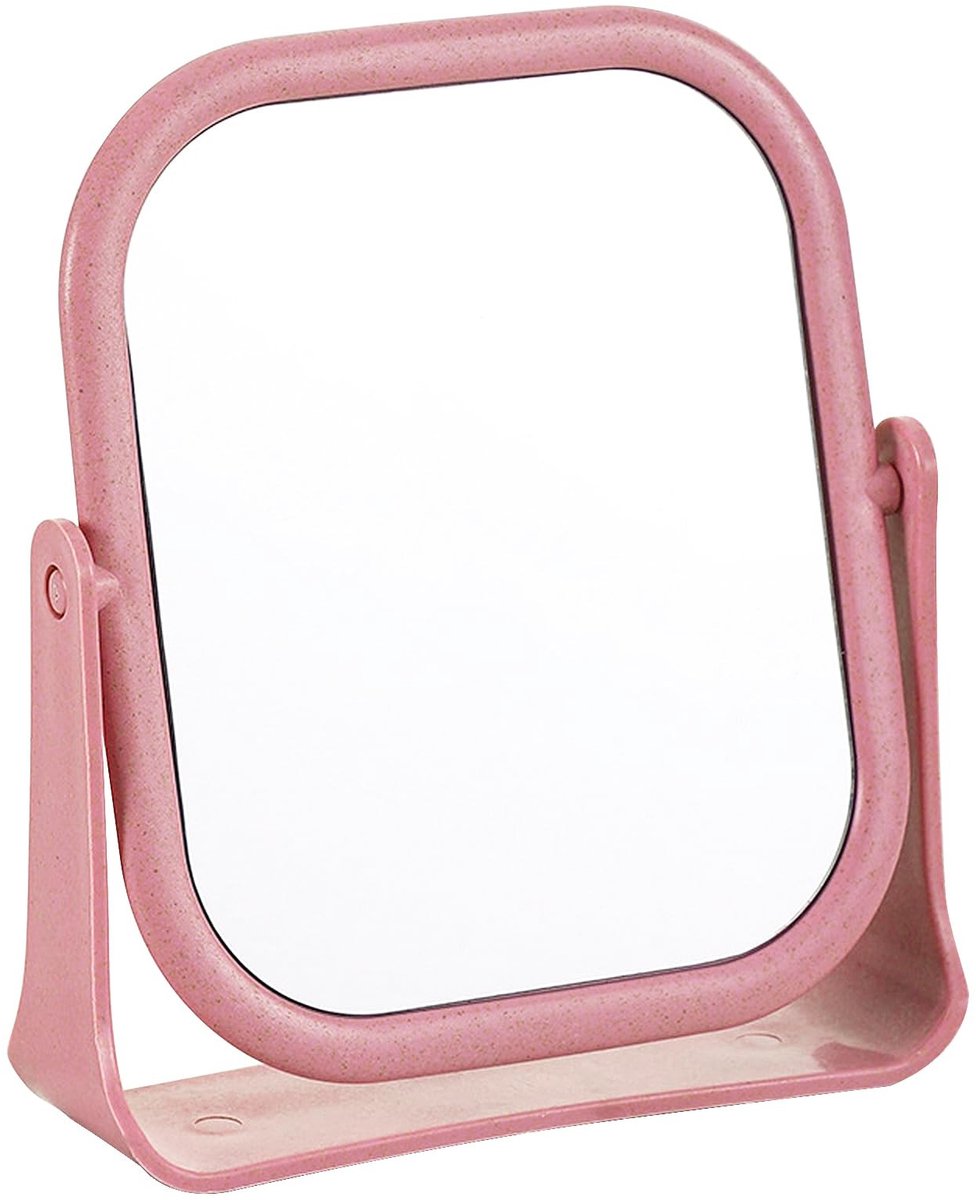 Dailygoods - Make-upspiegel, vierkant, staand, kleine tafelspiegel, 360 graden draaibaar, 19,5 x 16 cm, staande spiegel, tafelspiegel voor make-uptafel, bureau, badkamer, slaapkamer (roze)