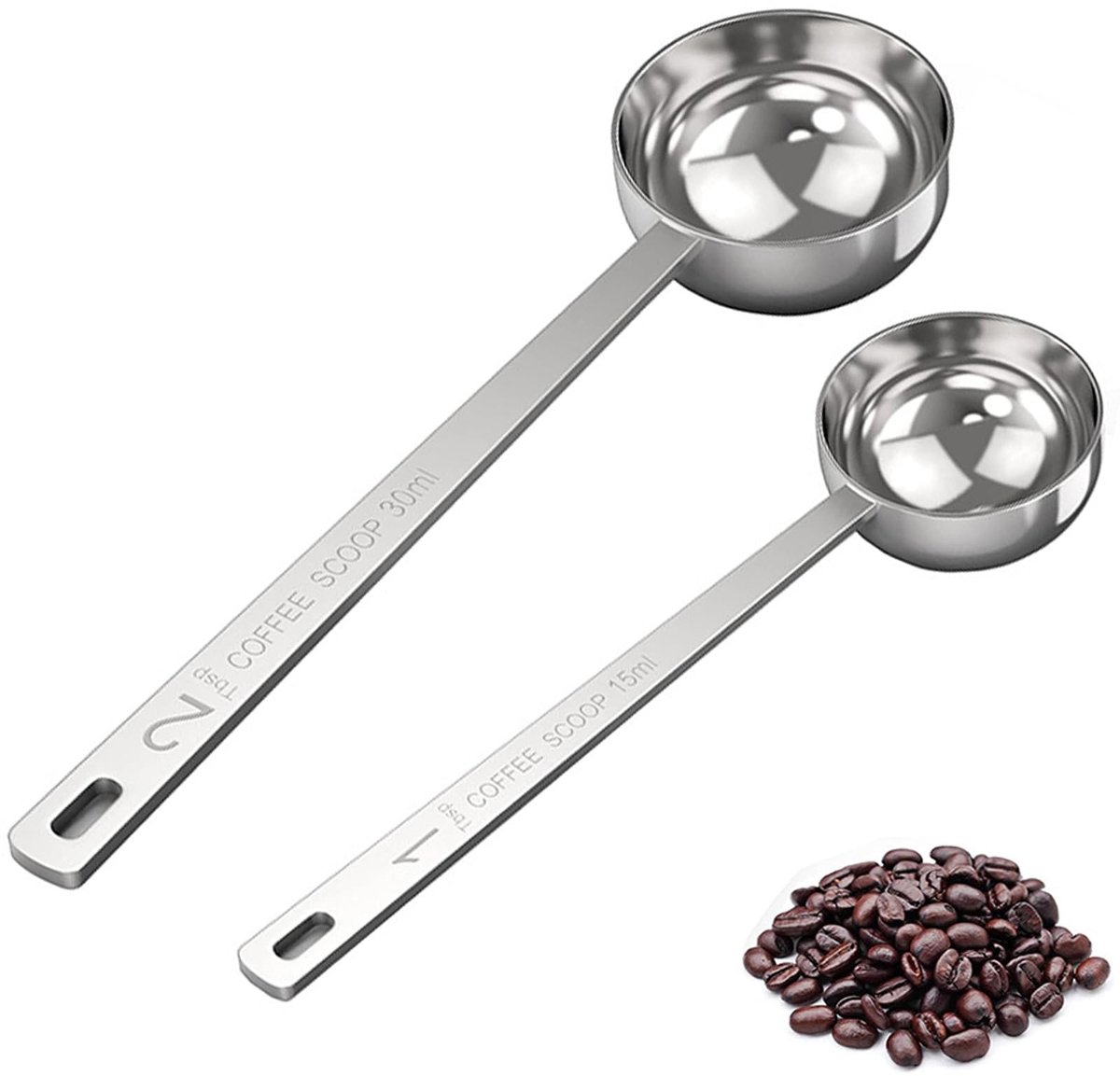 Dailygoods- Koffie Meetset 2-pack - Maatlepels RVS - 15 ml/30 ml - Vaatwasmachinebestendig - Handvat - Geschikt voor koffie/thee - Maatlepel