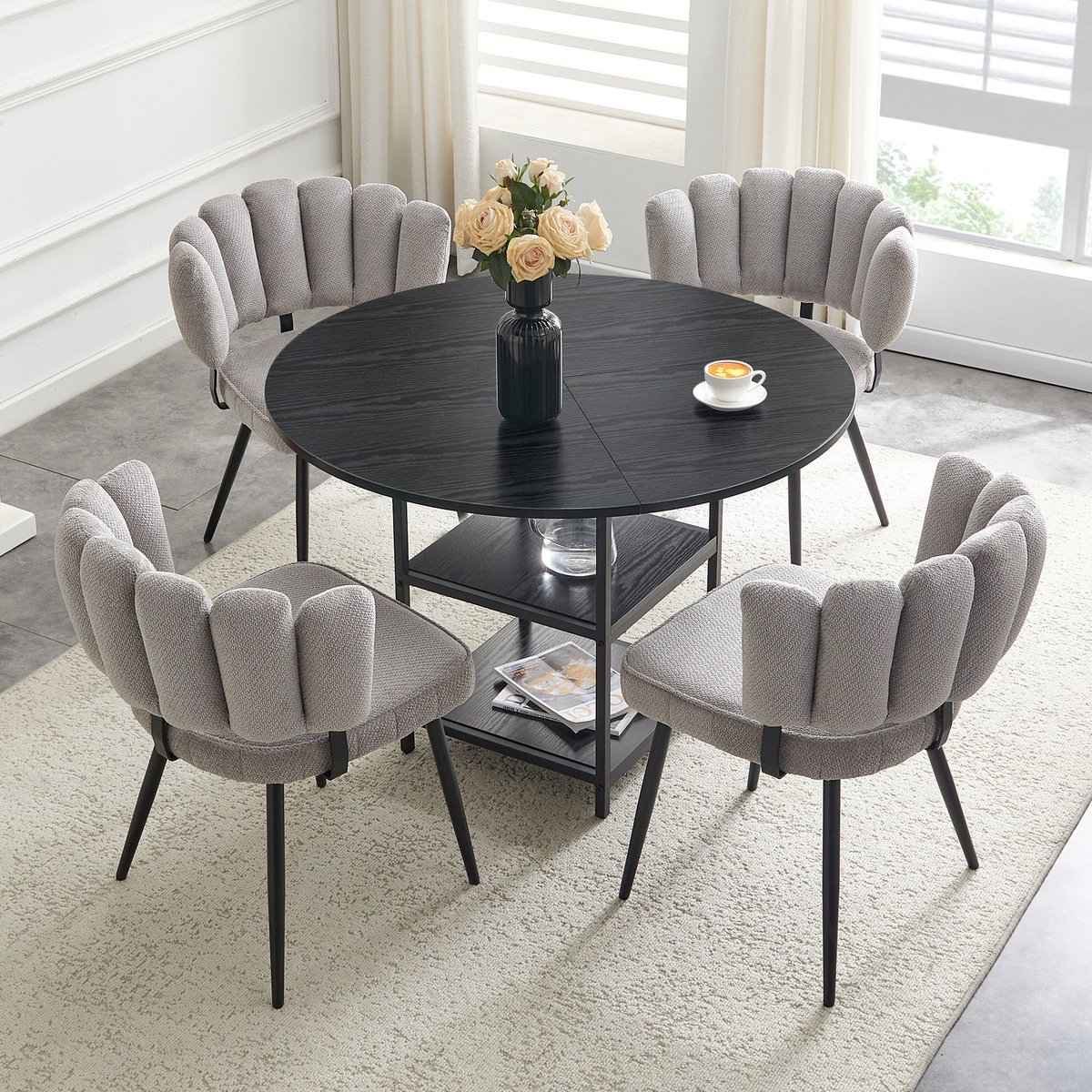 OKWISH Eethoek Set 107 Cm - Ronde Tafel Met Dubbele Opbergruimte En 4 Stoelen - Industrieel - MDF En Metaal - Zwart Grijs Zwart, Grijs