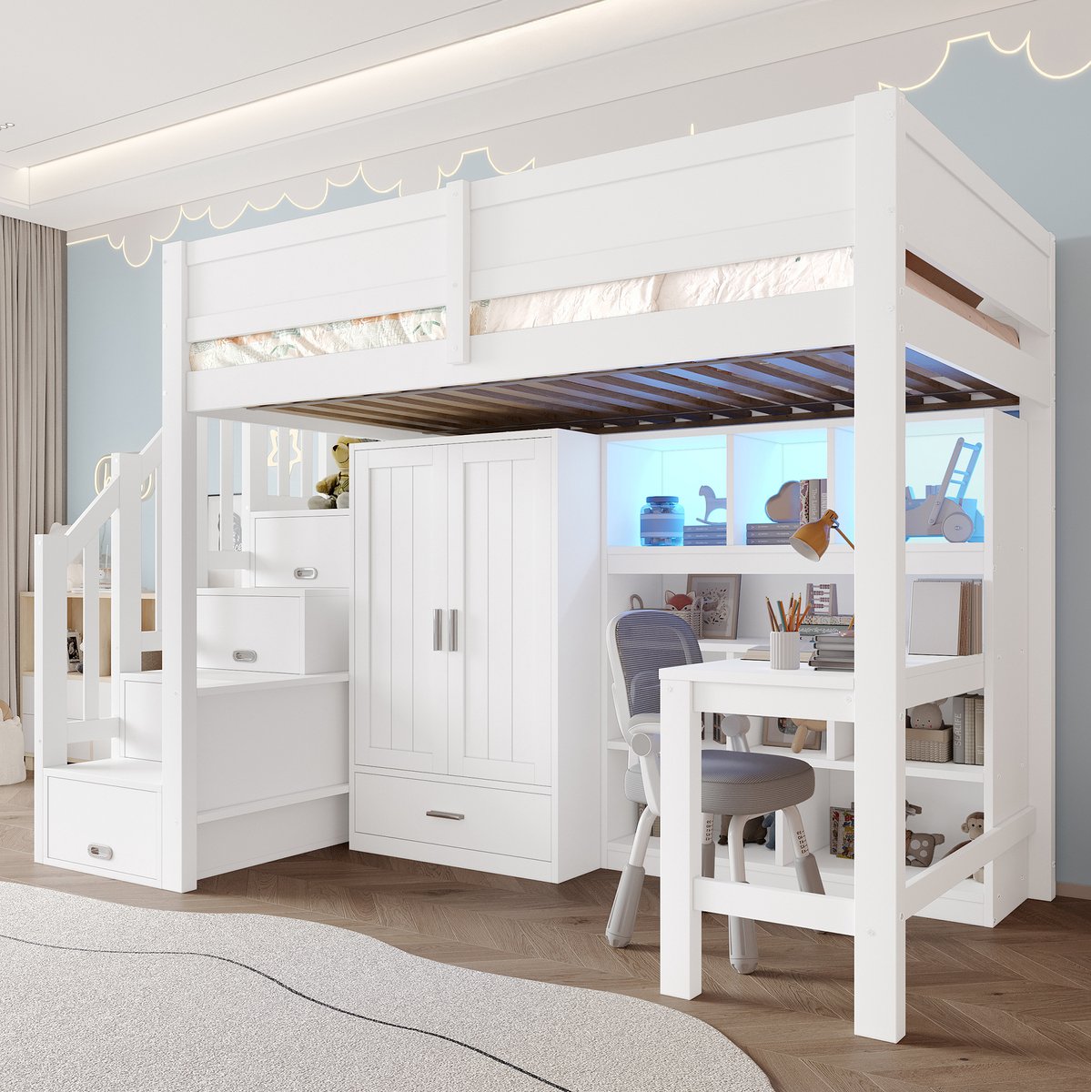 MEUNIQ Hoogslaper 90x200 cm met bureau, kast, trap met opbergruimte en LED-verlichting, wit voor slaapkamer of kinderkamer