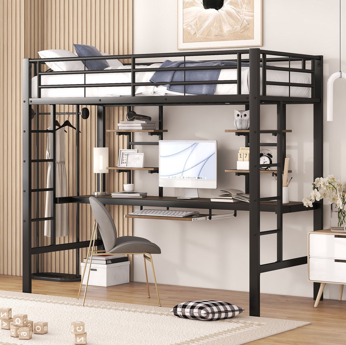 MEUNIQ hoogslaper 90x200 cm van metaal en MDF met bureau, twee boekenplanken en ladder, zwart, voor slaapkamer, kinderkamer en studeerruimte