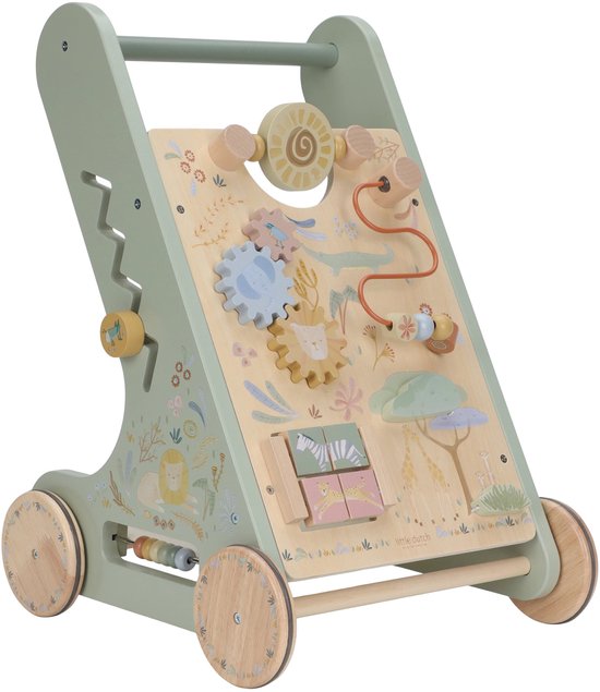 Houten loopwagen met safarithema, met tandwielen, kralen en dieren