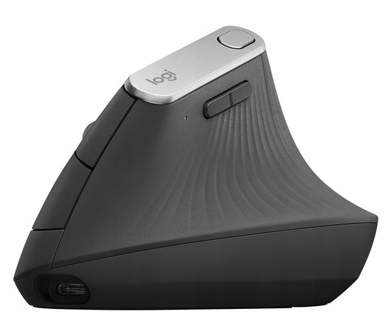 Souris ergonomique Logitech MX Vertical grise à motif ondulé, port USB-C.