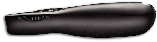 Zwarte Logitech R400 presenter, zijaanzicht met aan/uit-schakelaar en volumeknoppen.