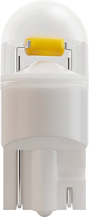 Witte LED-lamp met een gele capsule, T10 fitting en metalen pinnetjes.