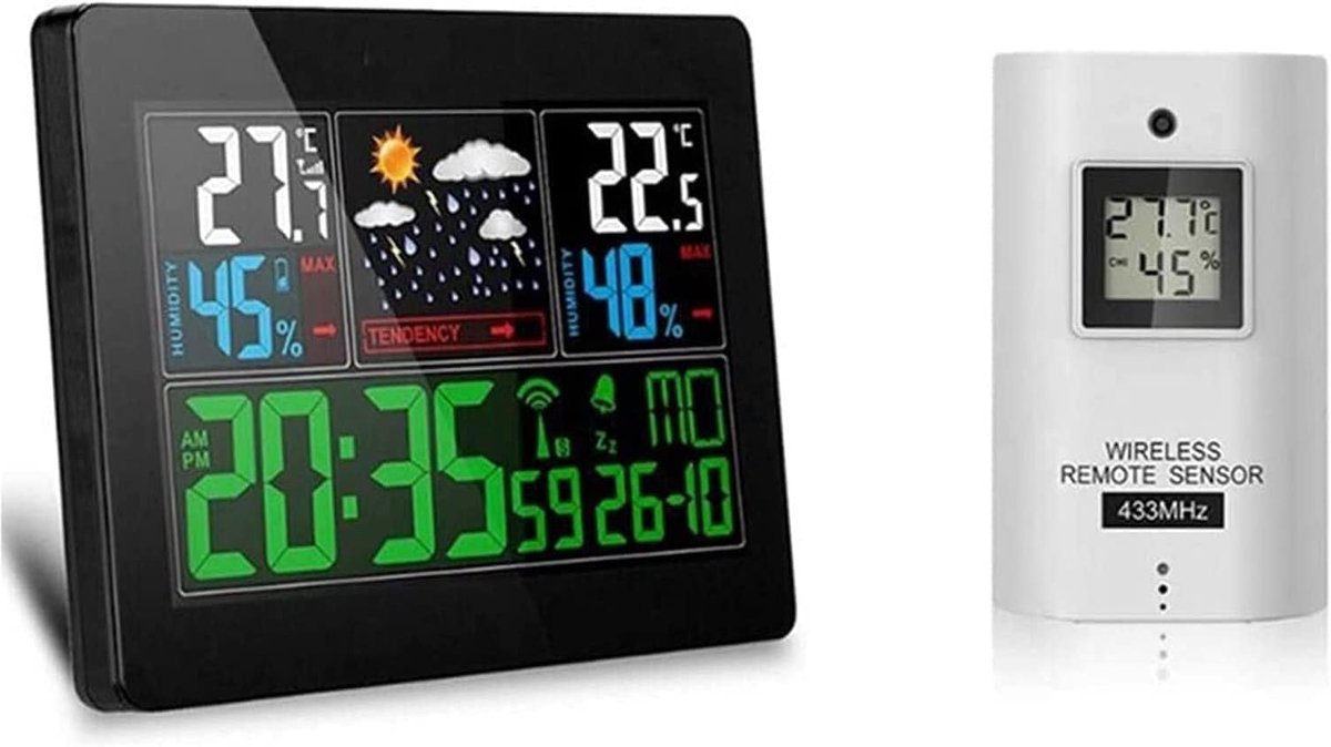Weerstation Binnen Buiten - Weer Monitor - Weersvoorspelling Thuiskijken - Meerdere Sensoren - 12-24 Uur - Zwart