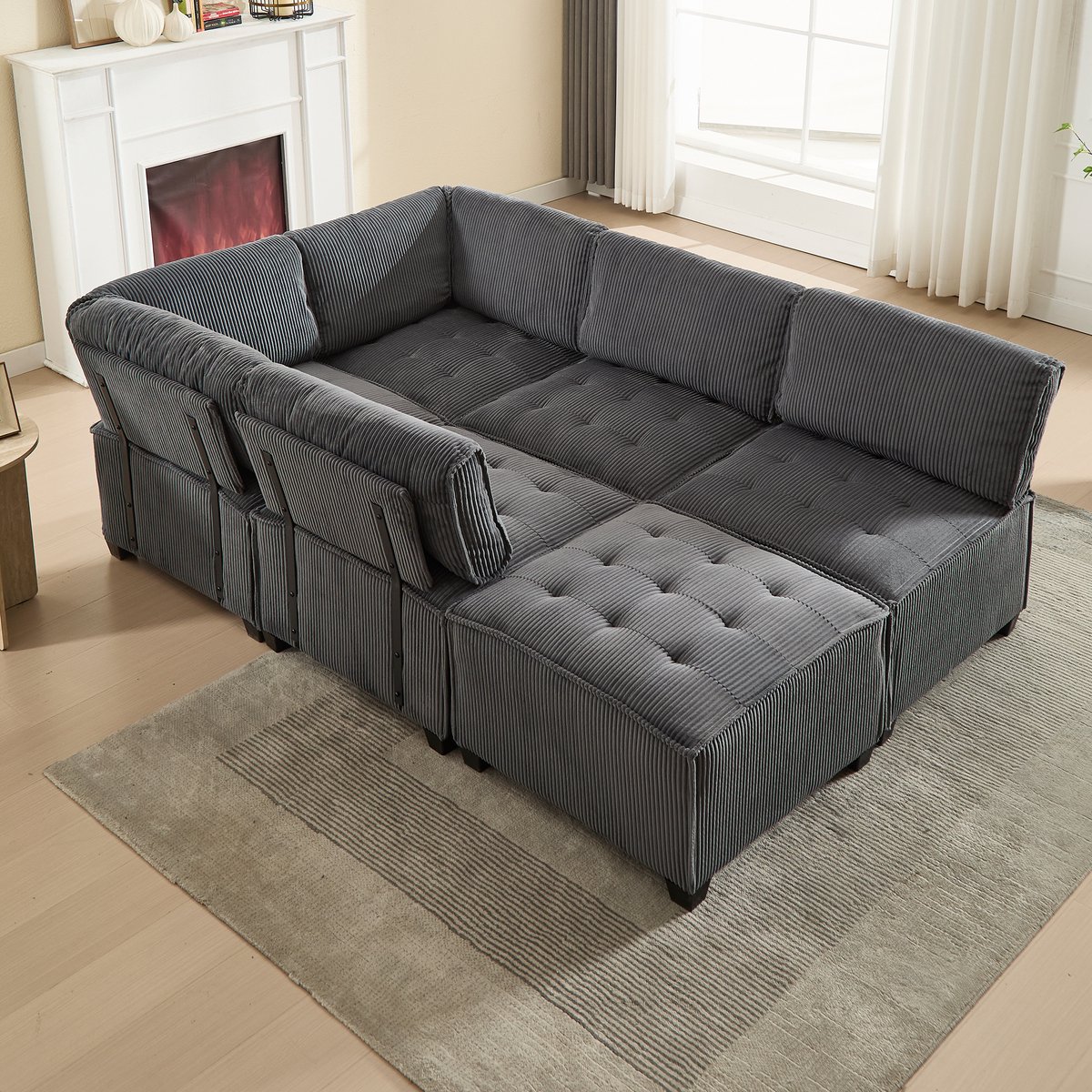 DESMIU Fauteuil 140 x 112 x 81 Cm - Met Bekerhouders, USB-Aansluiting En Zijvak - Voor Woonkamer En Slaapkamer - Corduroy Grijs