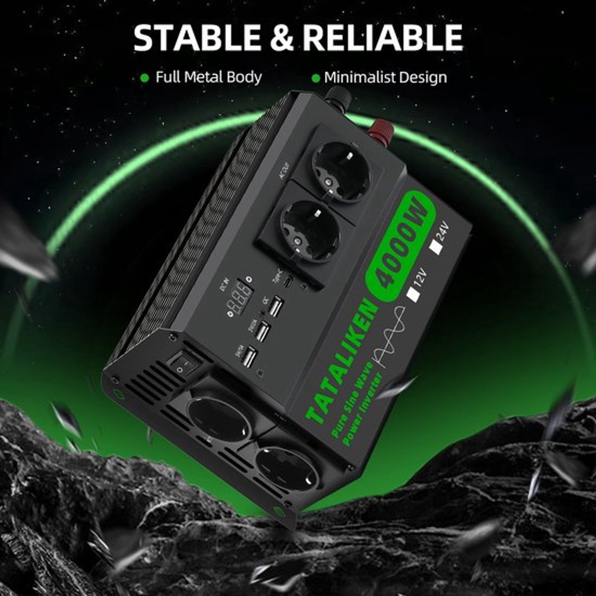 Omvormer – Spanningsomvormer – Power Inverter – Stroomomvormer – 4000W Zuivere Sinusgolf – 3 USB + 1 Type-C + 4 Stopcontacten