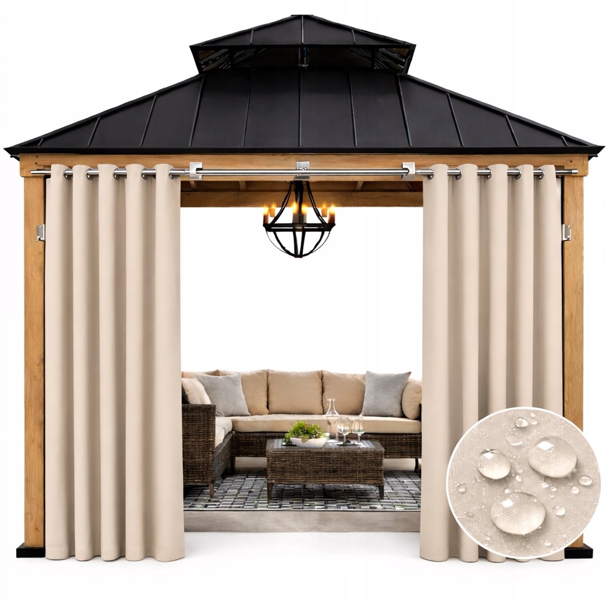 NOW-ART Tuingordijn - Waterdicht - 155 x 220 cm - Lichtbeige met metalen ringen