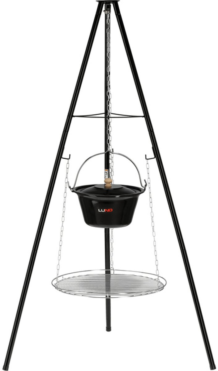 LUND 2-in-1 Kampvuurset – Driepoot met RVS Grillrooster (Ø 49 cm) & Emaliowany Kookpot (6L)